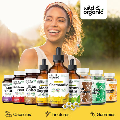 Wild & Organic Chamomile Flowers Drops - Add to Tea for Relaxation Support - 500 mg Chamomile Extract Liquid Drops - Calming Herbal Supplement - 56-Day Supply - Vegan, Sugar & Alcohol-Free - 4 fl oz