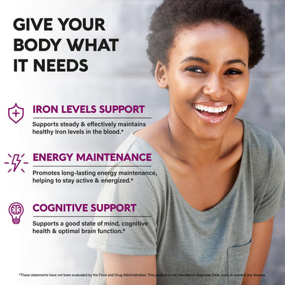 Iron Supplement for Women - Iron 65mg (Ferrous Sulfate 325mg) - Stomach Friendly | Slow Release | High Absorption - Vitamins C, D3, B6, B12 & Folate - Energy Support - 60 Capsules, 2 Month Supply
