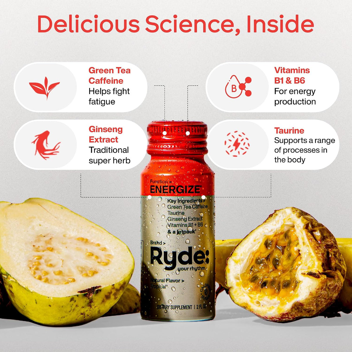 RYDE Energize Energy Shot, Tropical Flavor, Zero Sugar, 2 fl oz, 8 Pack