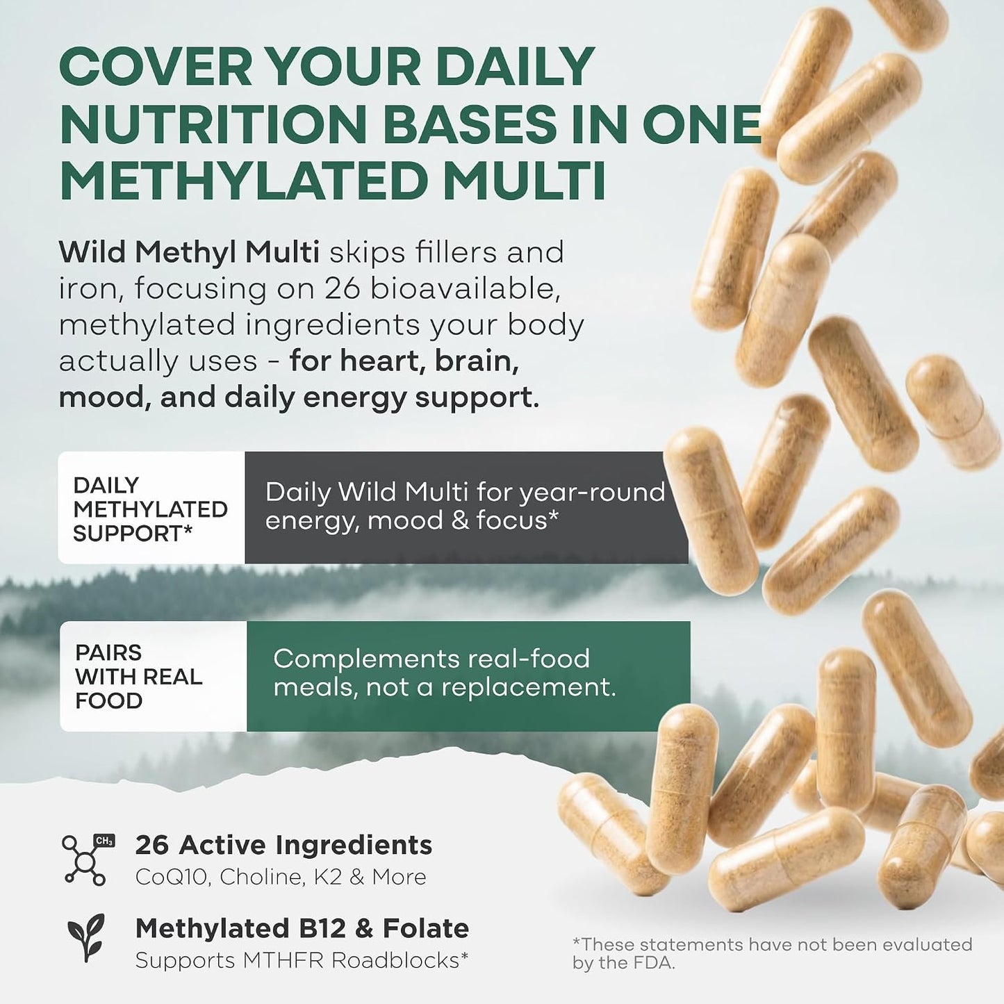 Wild Methylated Multivitamin for Women & Men | Daily Multi Vitamin | MTHFR Supplement Without Iron | Methylated B12, Folate, Vitamin C, A, K2, D, E, Choline, Biotin, ALA, CoQ10 & More (60 Capsules)