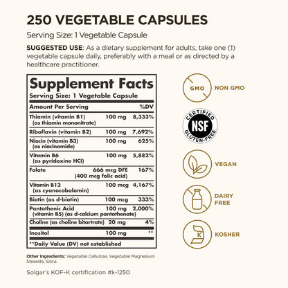 Solgar B-Complex "100", 100 Vegetable Capsules - Nervous System Support - Supports Energy Metabolism - Non-GMO, Vegan, Gluten Free, Dairy Free, Kosher - 100 Servings