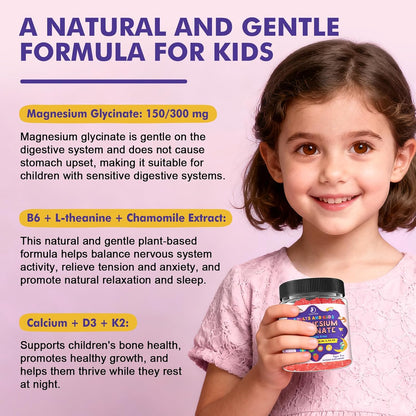 Magnesium Glycinate Gummies for Kids 4+ & Adults- Magnesium Glycinate 150/300 mg for Natural Sleep, Relaxation & Calm Support, Melatonin Free, Sugar Free Strawberry Flavor, 60 Ct