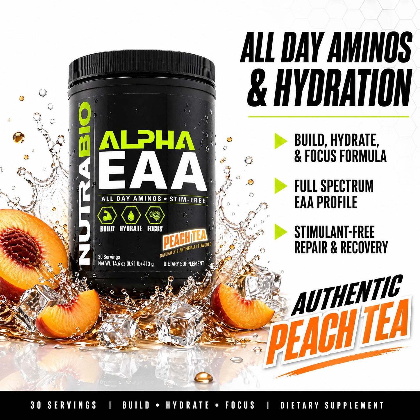 NutraBio Alpha EAA - All-Day Amino Acids for Muscle Growth and Hydration - Essential Amino Acids with Nootropics & Adaptogens- Full Spectrum EAA BCAA Powder - 30 Servings - Strawberry Lemon