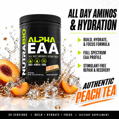 NutraBio Alpha EAA - All-Day Amino Acids for Muscle Growth and Hydration - Essential Amino Acids with Nootropics & Adaptogens- Full Spectrum EAA BCAA Powder - 30 Servings - Strawberry Lemon