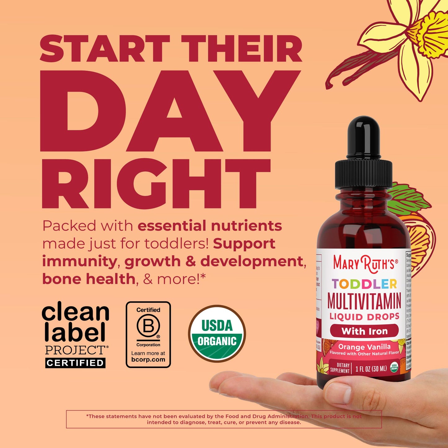 MARYRUTH'S Organics Multivitamin & Multimineral with Iron for Toddlers | USDA Organic | Sugar Free | Multivitamin Liquid Drops for Kids Ages 1-3 | Immune Support | Vegan | Non-GMO | 2 Fl Oz