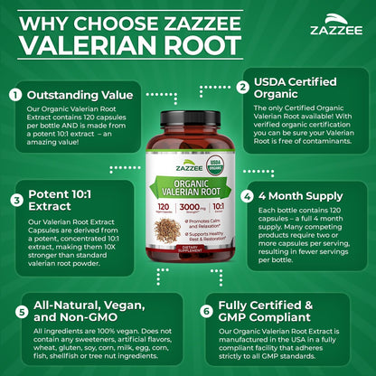 Zazzee USDA Organic Valerian Root 10:1 Extract, 120 Vegan Capsules, 4 Month Supply, Valeriana Officinalis, Relaxation, Calm & Mood Support, All-Natural, Non-GMO, Made in the USA