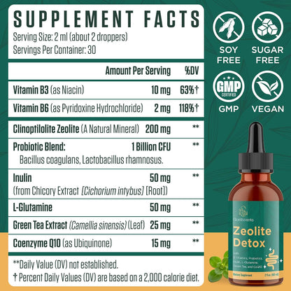 Zeolite Detox for Adults, Zeolite Liquid Drops with Vitamin B, Probiotic Blend - Energy, Gut, Focus - 2 Fl Oz (1 Bottle)