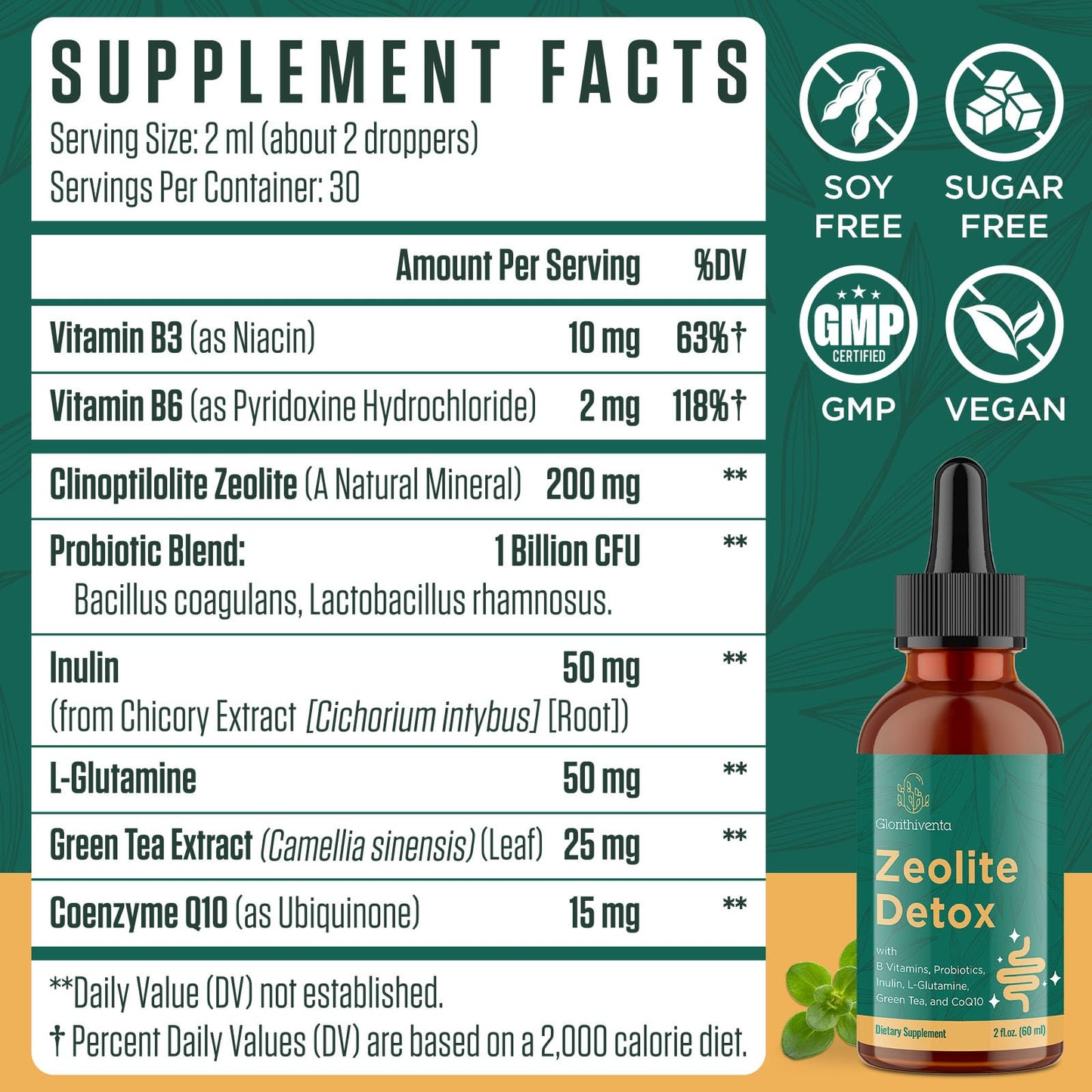 Zeolite Detox for Adults, Zeolite Liquid Drops with Vitamin B, Probiotic Blend - Energy, Gut, Focus - 2 Fl Oz (1 Bottle)