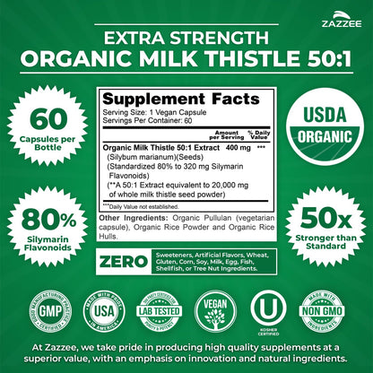 Zazzee USDA Organic Milk Thistle 50:1 Extract, 80% Silymarin Flavonoids, 200 Vegan Capsules, 6+ Month Supply, Silybum Marianum, Liver Support & Detox Support, Organic All-Natural, Non-GMO, Made in USA