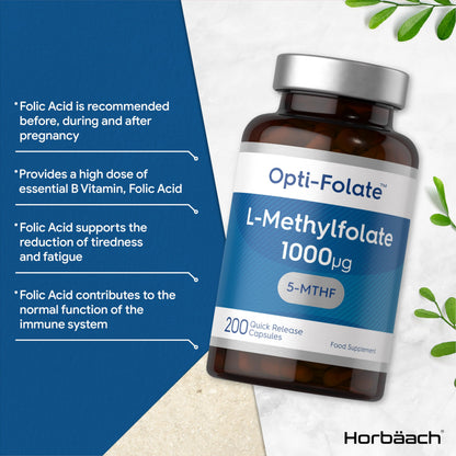 L-Methylfolate 1000ug | 200 Capsules | 5-MTHF Folate Supplement | Active Form