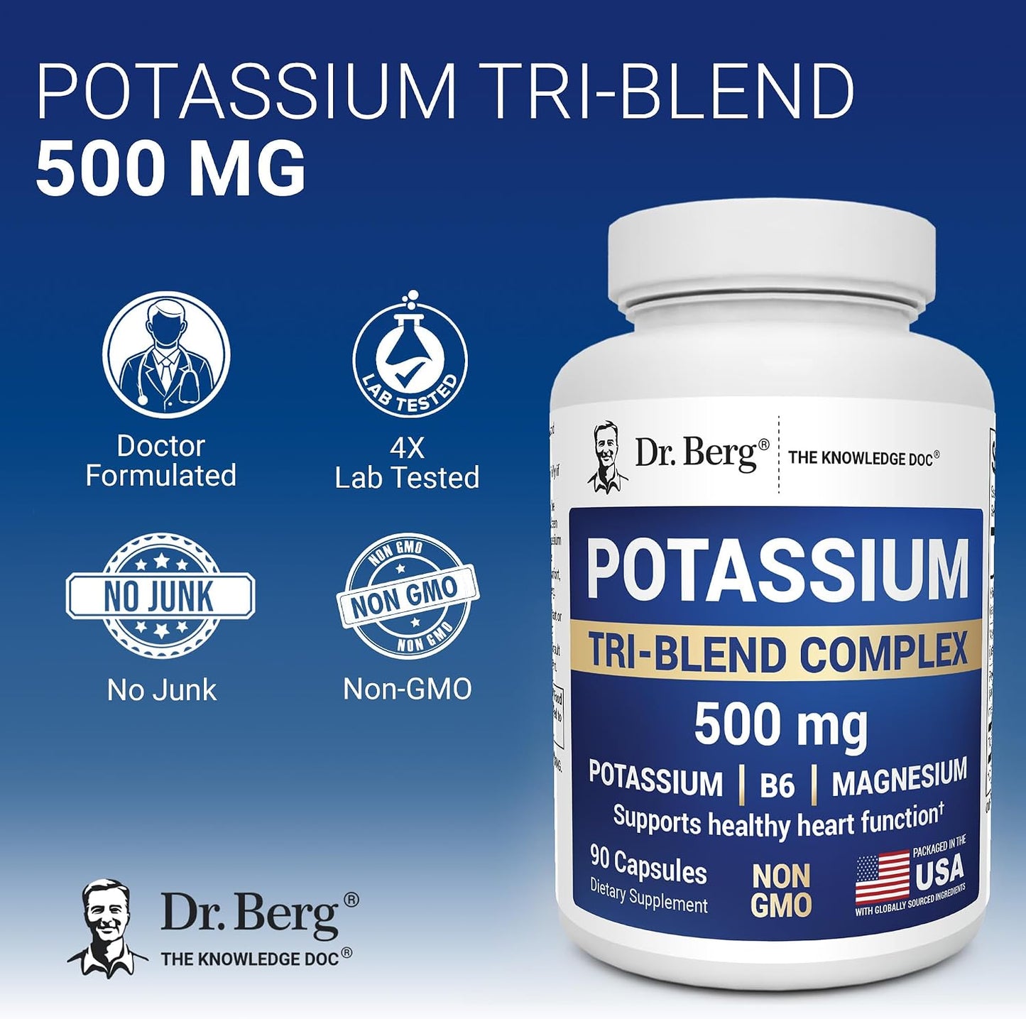 Dr. Berg Potassium Tri-Blend Complex – 500 mg Potassium Supplement for Muscle & Nerve Support* – Maximum Strength Potassium Formula w/Magnesium, B6 & Taurine – 90 Capsules