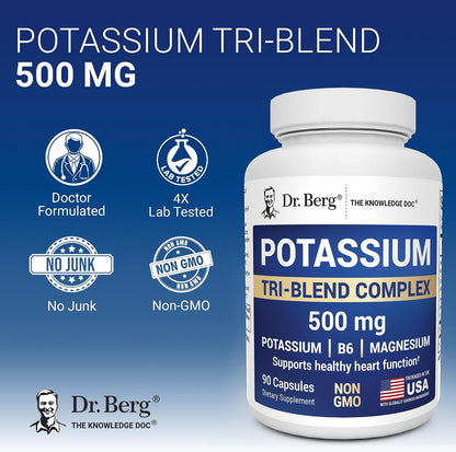 Dr. Berg Potassium Tri-Blend Complex – 500 mg Potassium Supplement for Muscle & Nerve Support* – Maximum Strength Potassium Formula w/Magnesium, B6 & Taurine – 90 Capsules