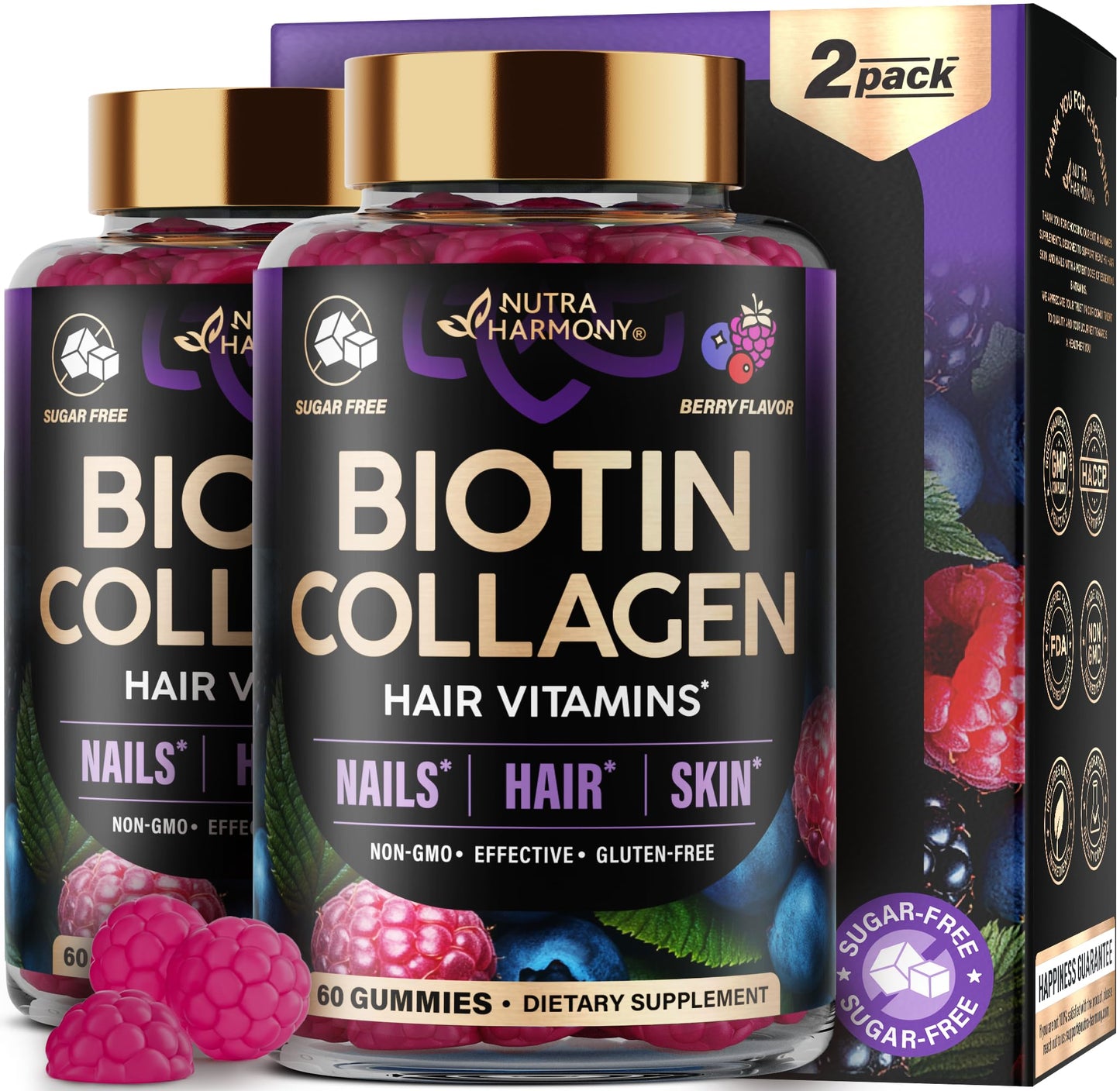 Biotin Gummies with Collagen - Hair Growth Support, Skin, & Nail Strength - for Women & Men - Biotin 10000mcg | Keratin | Hyaluronic Acid | B-Complex | Nettle - Sugar-Free, Mixed Berry, 60 Gummies