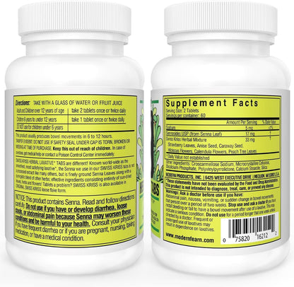 Swiss Kriss Herbal Laxative Tablets, Gentle & Natural Laxatives for Constipation Relief for Adults & Children Over Age 6, Works in 6-12 Hours, Senna Laxative, 120 Tablets Total