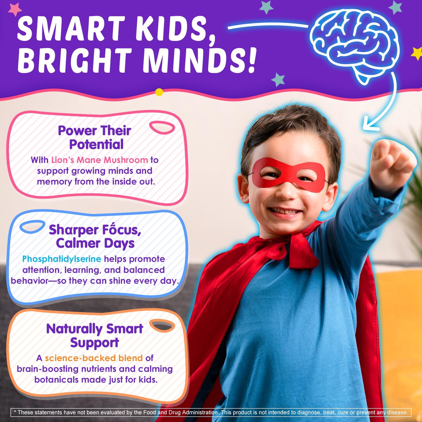 Kids Brain Gummies, Focus Supplement w/Lions Mane Mushroom, Phosphatidylserine, B6, Methyl B12 & B9, Saffron, Brain Vitamins for Focus & Attention, Cognitive, Vision, Energy, Sugar Free, Vegan, 60 Ct