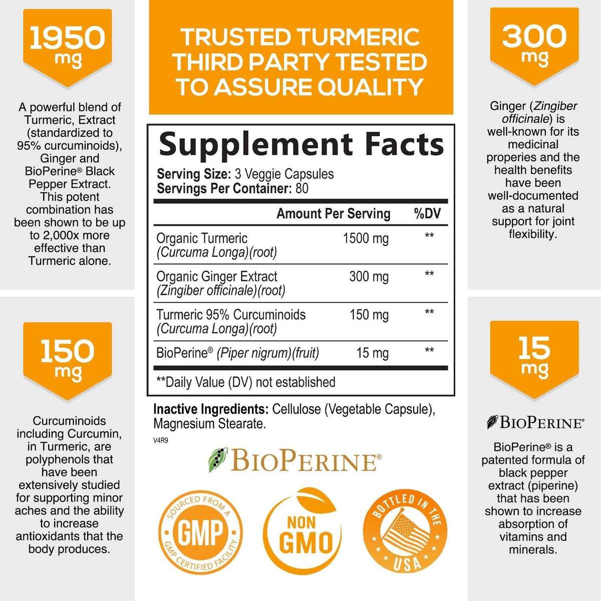 Turmeric Curcumin with BioPerine & Ginger 95% Standardized Curcuminoids 1950mg