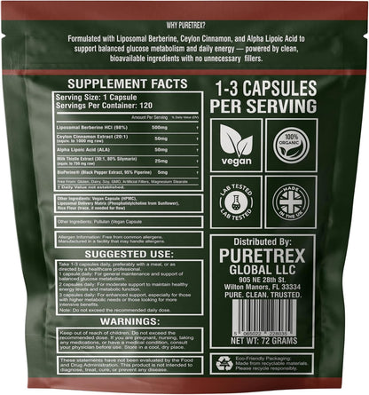 Liposomal Berberine 500mg HCl 98%, 120 Capsules with Ceylon Cinnamon, Alpha Lipoic Acid, Milk Thistle, Enhanced Absorption Metabolism Supplement, Made in UK, Vegan