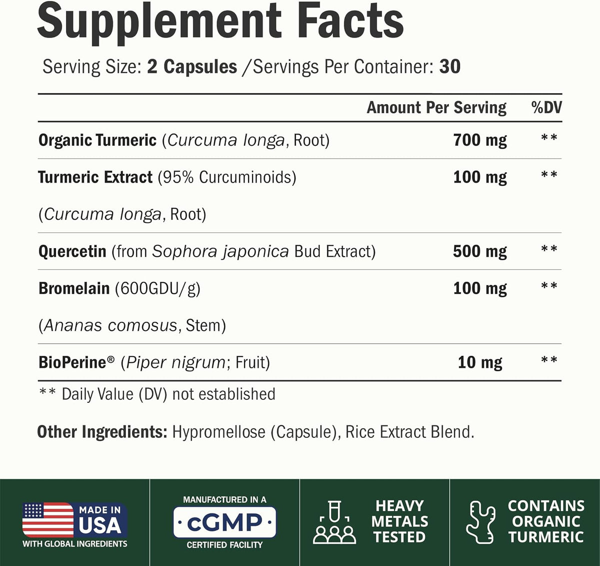 Quercetin with Bromelain Turmeric Curcumin Allergy Supplement - 60 Capsules
