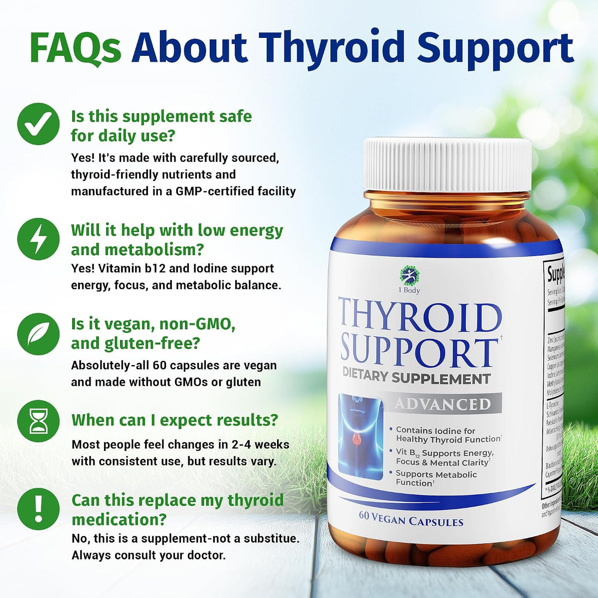 1 Body Thyroid Support Supplement + 60 Billion Probiotics for Men & Women