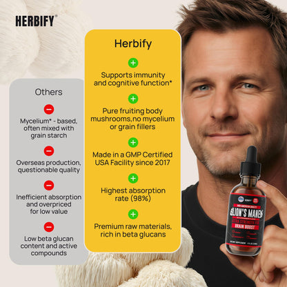HERBIFY Lions Mane Supplement - Daily Mushroom Supplement for Memory, Focus & Clarity - Brain Booster - Lions Mane Tincture for Immune Support - 4 Fl oz