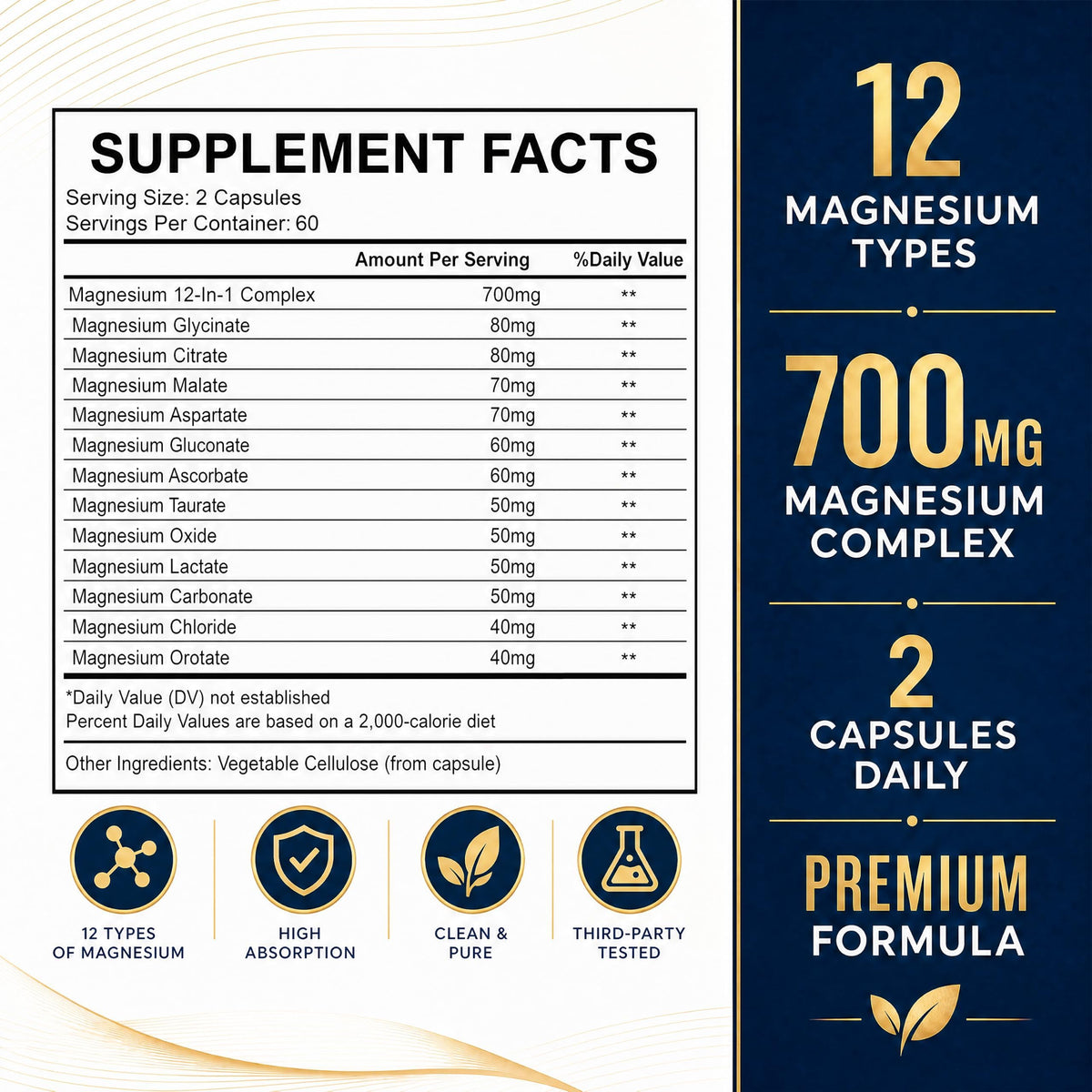 Magnesium Complex 700mg | 12-in-1 High Absorption Supplement | Glycinate, Citrate, Malate, Taurate & More | Sleep Support, Muscle Cramp Relief, Stress, Heart & Nerve Health | 120 Vegan Capsules