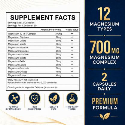 Magnesium Complex 700mg | 12-in-1 High Absorption Supplement | Glycinate, Citrate, Malate, Taurate & More | Sleep Support, Muscle Cramp Relief, Stress, Heart & Nerve Health | 120 Vegan Capsules