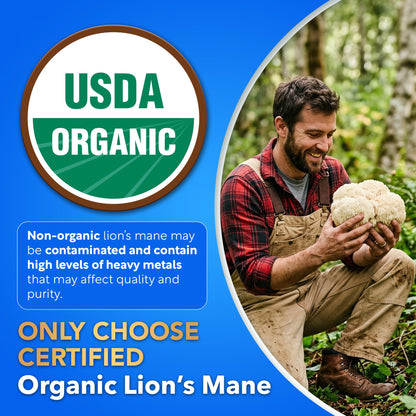 USDA Organic Lion's Mane, 50% Polysaccharides, 120ct | Focus | Brain Health