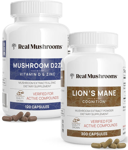 Real Mushrooms Vitamin D2, Zinc, Chaga, Reishi (120ct) and Lion's Mane (300ct) Bundle - Immunity and Cognitive Support, Chelated Zinc for Improved Absorption - Vegan, Gluten Free, Non-GMO