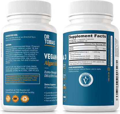 Dr. Tobias Vegan Omega 3 Algae Oil 60 Capsules | Extra-Strength DHA EPA | Plant-Based Omega 3 Supplement | Heart & Brain Support | 420 mg DHA + 210 mg EPA | Lemon Flavor | 30 Servings