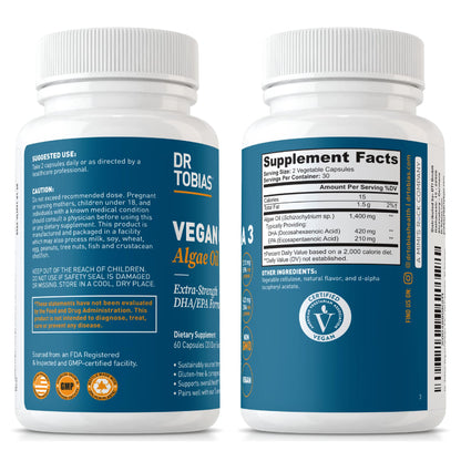 Dr. Tobias Vegan Omega 3 Algae Oil 60 Capsules | Extra-Strength DHA EPA | Plant-Based Omega 3 Supplement | Heart & Brain Support | 420 mg DHA + 210 mg EPA | Lemon Flavor | 30 Servings