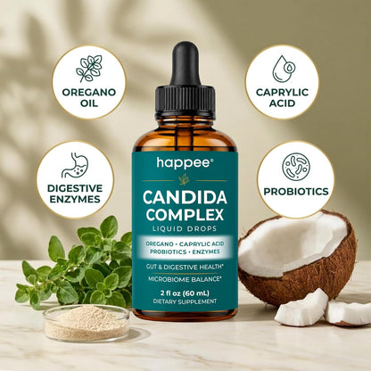Happee Candida Cleanse Drops 10-in-1 Gut & Oral Detox Support Men Women 2oz | Yeast & Overgrowth Support - Oregano, Caprylic Acid & Probiotics - Flora Balance & Digestive Comfort - 60 Servings