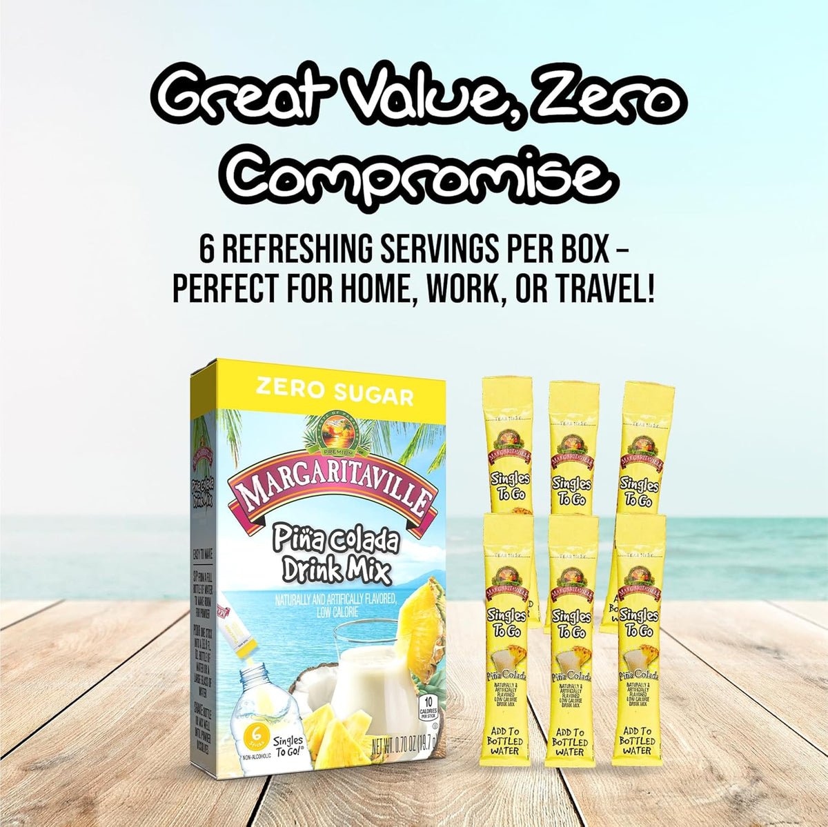 Margaritaville Singles To Go Water Drink Mix - Pina Colada Flavored, Non-Alcoholic Powder Sticks 6 CT, 0.70 Ounce (Pack of 4)