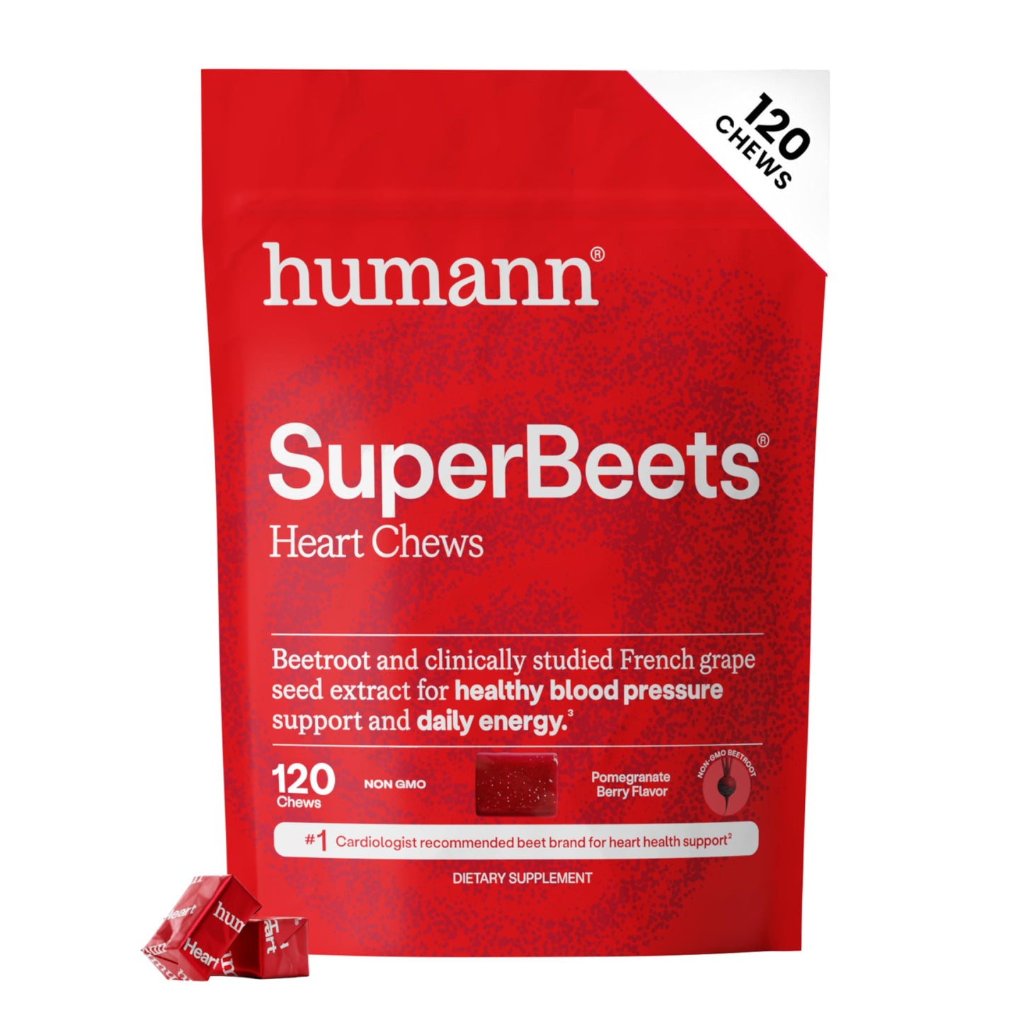 HumanN SuperBeets Heart Chews, Beet Root Powder Support Energy Supplement, Nitric Oxide and Blood Pressure Support, Grape Seed Extract & Non-GMO, Heart Health, Pomegranate Berry Flavor, 60 Count