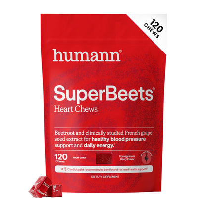 HumanN SuperBeets Heart Chews, Beet Root Powder Support Energy Supplement, Nitric Oxide and Blood Pressure Support, Grape Seed Extract & Non-GMO, Heart Health, Pomegranate Berry Flavor, 60 Count