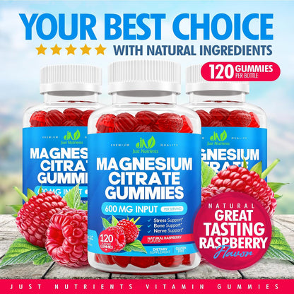 Magnesium Citrate 600mg Gummies (120 Count) - Maximum Strength, Supports Calm, Bone, Heart & Nerve Health - Gluten-Free, Non-GMO, Vegetarian, Great Tasting Raspberry Flavor - 60 Servings