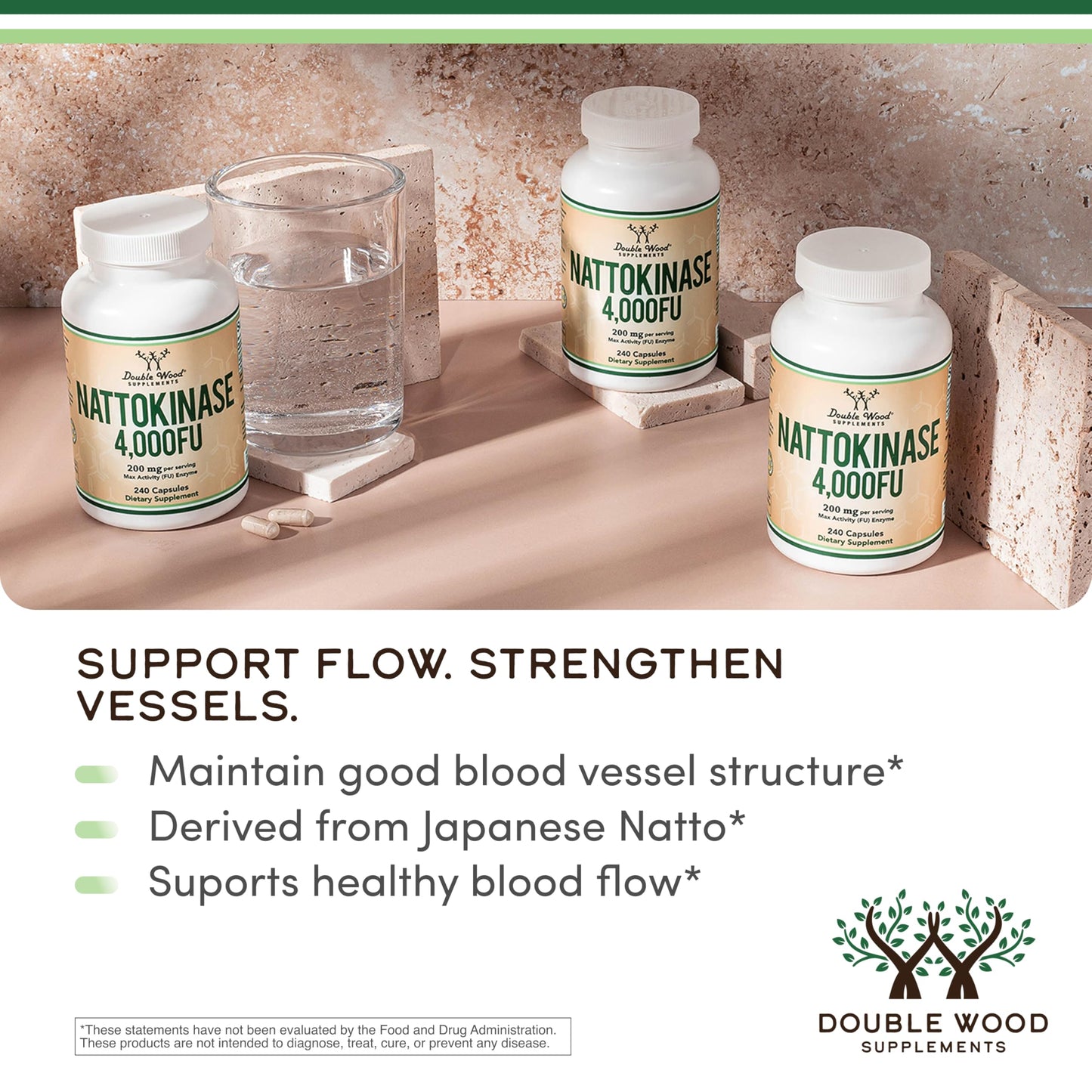 Nattokinase Supplement 4,000 FU Servings, 120 Capsules (Derived from Japanese Natto) Systemic Enzymes for Cardiovascular and Circulatory Support by Double Wood