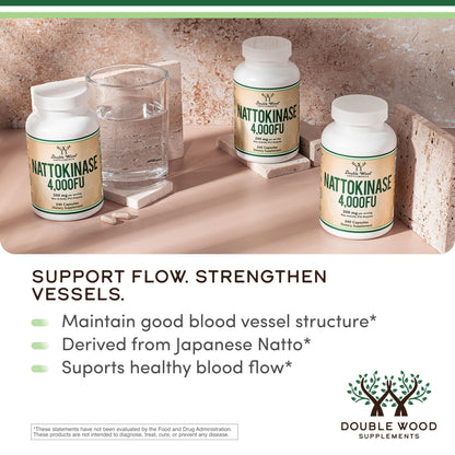 Nattokinase Supplement 4,000 FU Servings, 120 Capsules (Derived from Japanese Natto) Systemic Enzymes for Cardiovascular and Circulatory Support by Double Wood