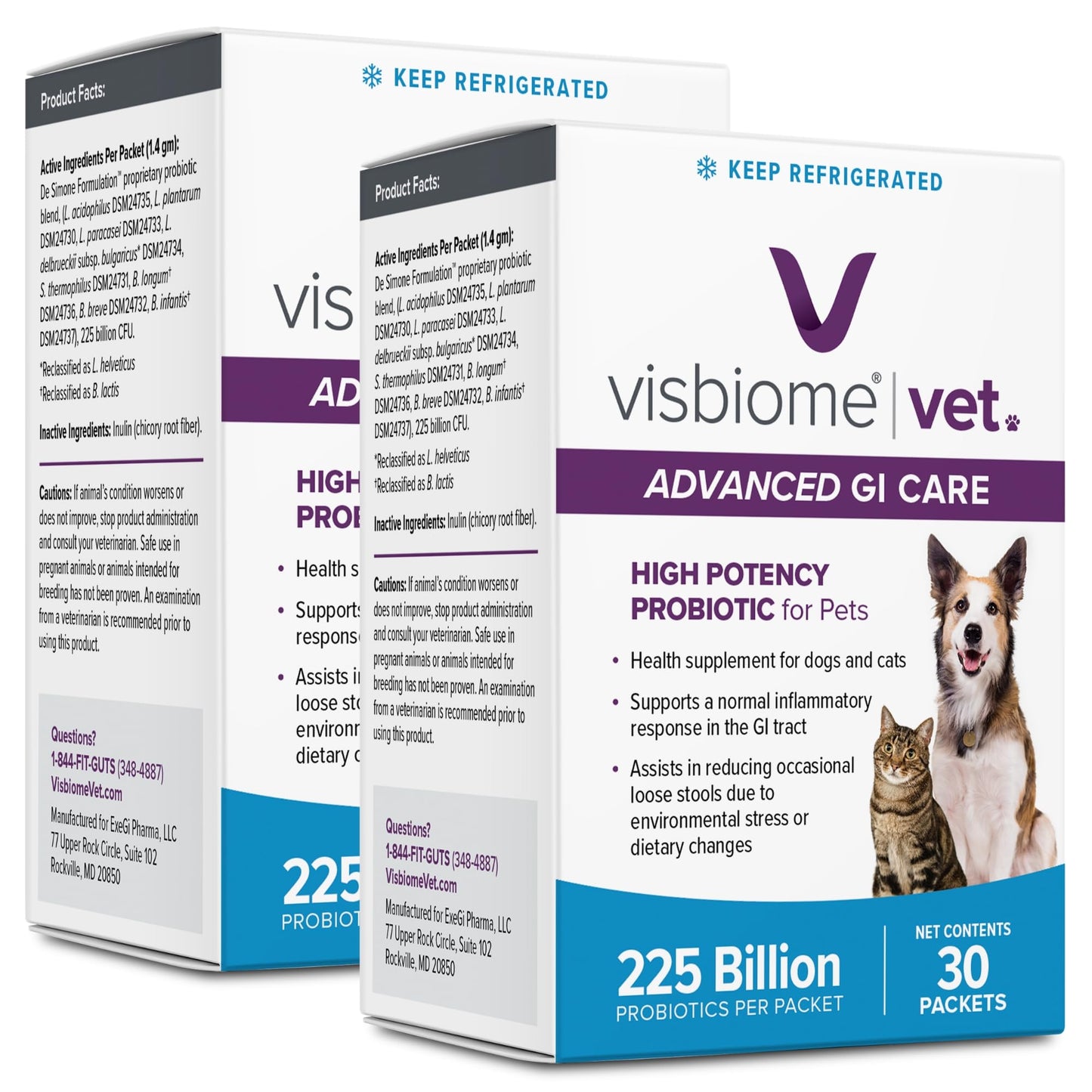 Visbiome® Vet Advanced GI Care Probiotic for Dogs & Cats, 225B CFU, 30 ct | Veterinarian Recommended, De Simone Formulation®, Multi-Strain, Refrigerated Probiotics, Weight-Based Dosing, Made in USA