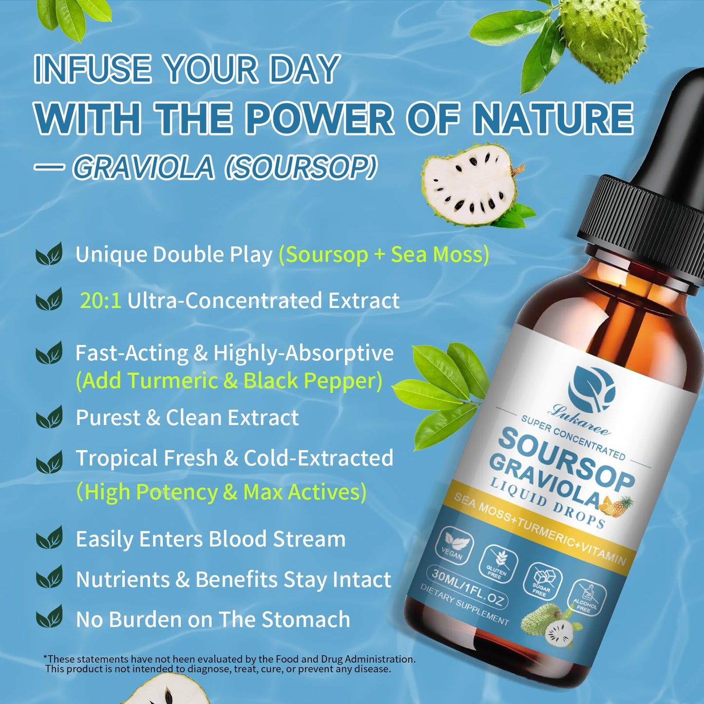 (2 Pack)Whole Soursop Graviola Leaf Extract Liquid Drop with Irish Sea Moss | Herbal Soursop Bitters Liquid for Cell Support & Regeneration, Immunity and Gut Health丨Vegan, Non-GMO, Natural Flavor,1 Fl Oz