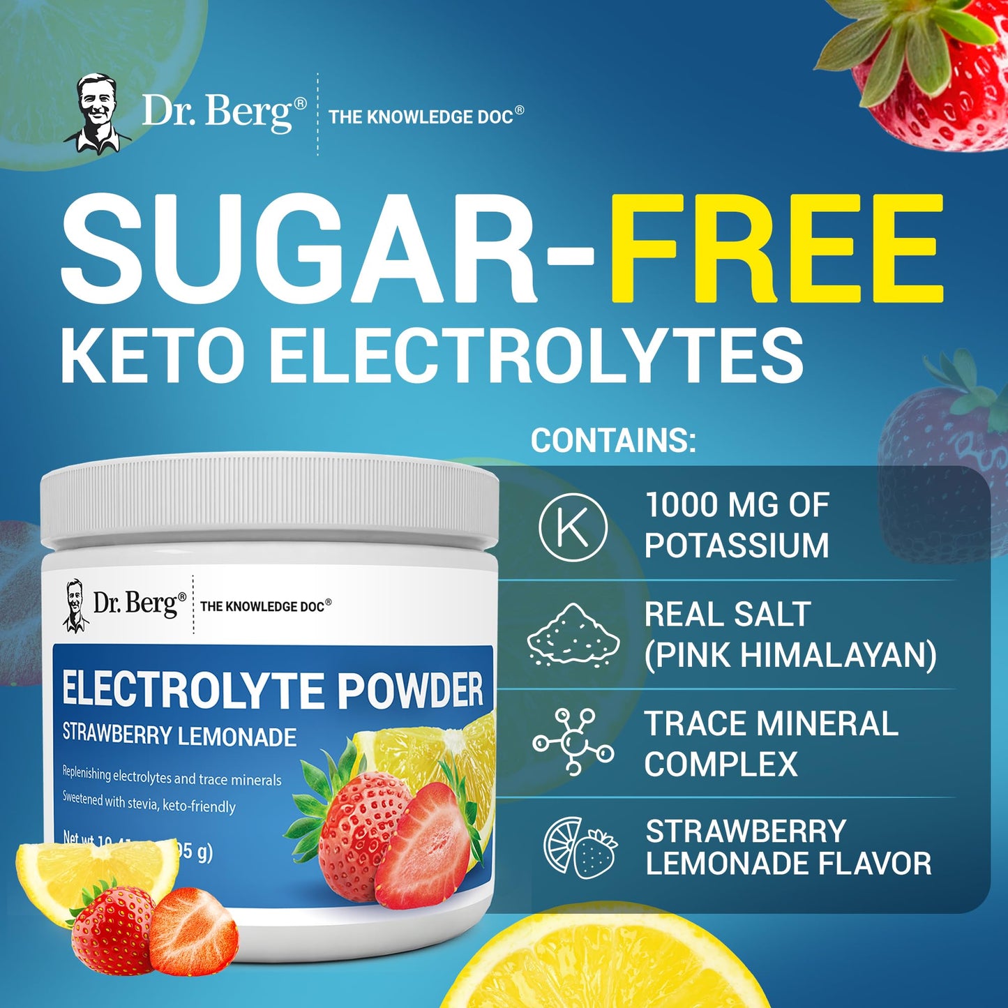 Dr. Berg Zero Sugar Hydration Keto Electrolyte Powder - Enhanced w/ 1000 mg of Potassium & Real Pink Himalayan Salt (NOT Table Salt) - Raspberry & Lemon Flavor Hydration Drink Supplement, 100 Servings