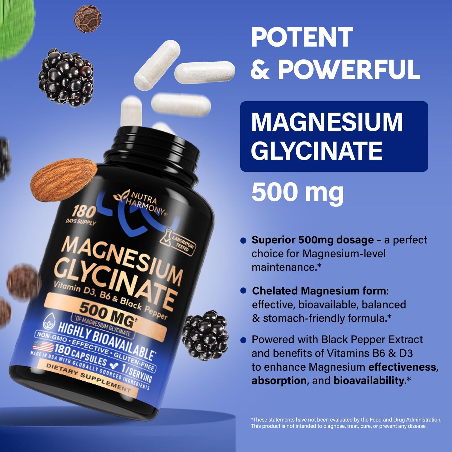 Magnesium Glycinate 500 mg - Chelated Supplement - High Absorption Form of Magnesium - Support for Sleep, Muscle & Heart Health - for Women & Men - Lab Tested & Non-GMO - 240 Capsules