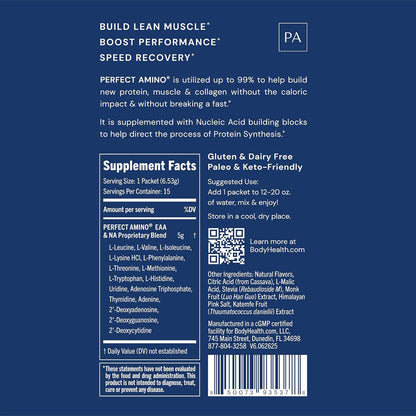 BodyHealth PerfectAmino Powder - BCAA and EAA Powder for Pre and Post Workout - Amino Acid Energy Drink for Men and Women to Support Lean Muscle and Recovery - Strawberry - Stick Packs - 15 Servings