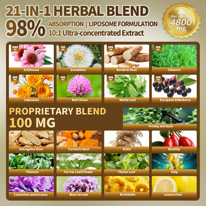 21-in-1 Liposome Lymphatic Drainage Supplements, 90 Day Supply, 4800mg Immune & Lymph System Support, 10:1 Concentrated Technology, Echinacea, Dandelion, Burdock, Bromelain, Calendula, 2 Bottle