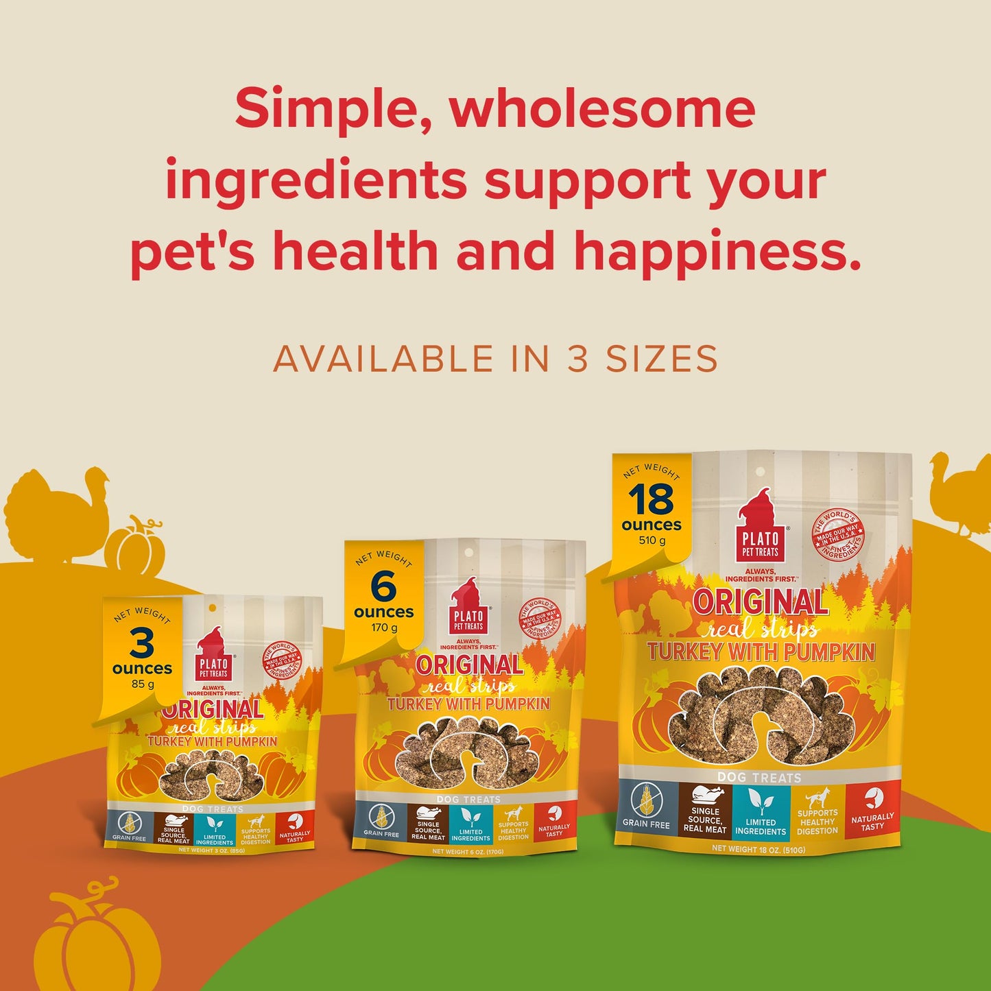 Plato Pet Treats Real Strips - Air-Dried Meat Bars for Dogs - Delicious, Limited Ingredient Dog Treats - Grain Free - Original Real Strips Turkey & Pumpkin 18oz - 2 Pack