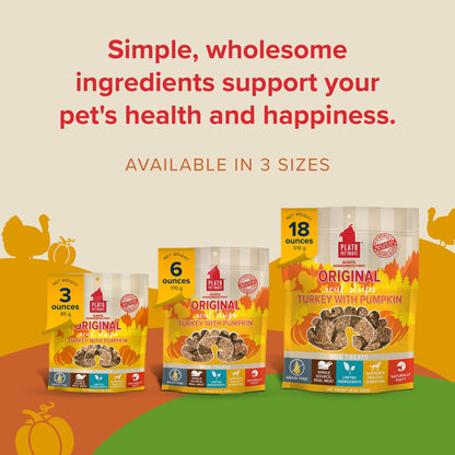 Plato Pet Treats Real Strips - Air-Dried Meat Bars for Dogs - Delicious, Limited Ingredient Dog Treats - Grain Free - Original Real Strips Turkey & Pumpkin 18oz - 2 Pack
