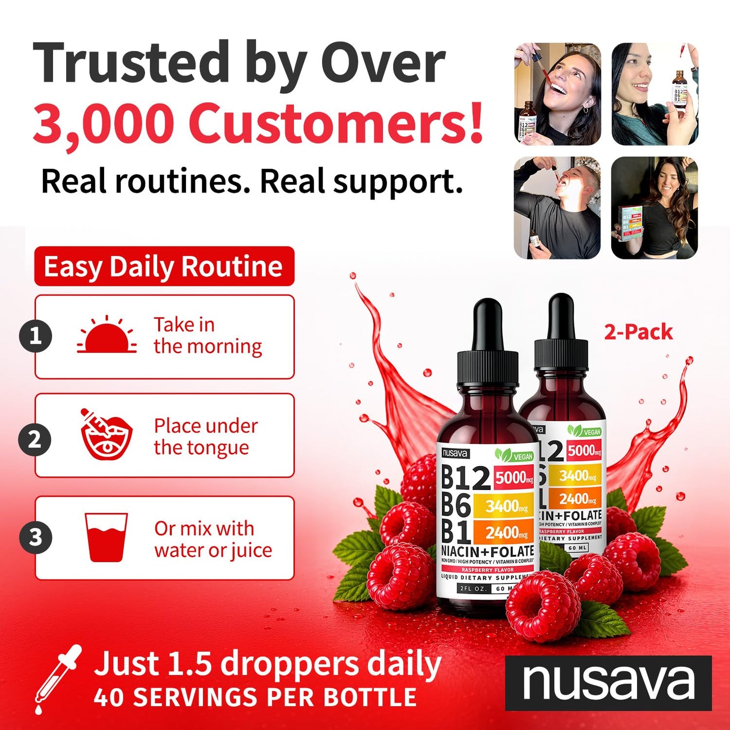NUSAVA (2 Pack) Vitamin B12 Liquid Drops with B6, B1, Niacin & Folate — B12 Sublingual Vitamin B Complex, Methylcobalamin 5000 mcg, for Energy, Brain & Heart Support, Raspberry Flavor, 80 Servings