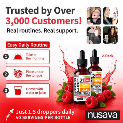 NUSAVA (2 Pack) Vitamin B12 Liquid Drops with B6, B1, Niacin & Folate — B12 Sublingual Vitamin B Complex, Methylcobalamin 5000 mcg, for Energy, Brain & Heart Support, Raspberry Flavor, 80 Servings