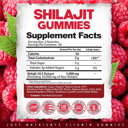 Shilajit 10,000mg Gummies for Men & Women - Maximum Strength Pure Himalayan Shilajit, Gluten-Free, Non-GMO, 100% Vegetarian - Natural Raspberry Flavor - 60 Count