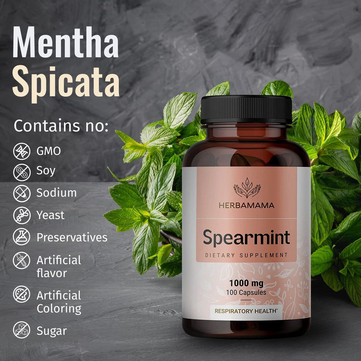 Spearmint 100 Capsules - 1000 mg - Organic Mentha Spicata Dietary Daily Supplement