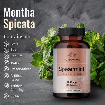 Spearmint 100 Capsules - 1000 mg - Organic Mentha Spicata Dietary Daily Supplement